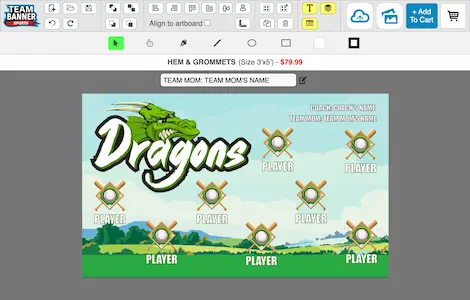 Screenshot of the Online Design Tool interface showing customizable options for team banners