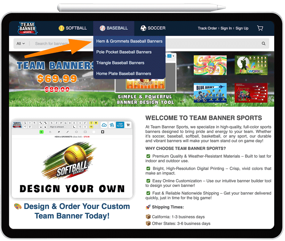 Design and personalize your softball, baseball, or soccer team banner with our easy-to-use online tool